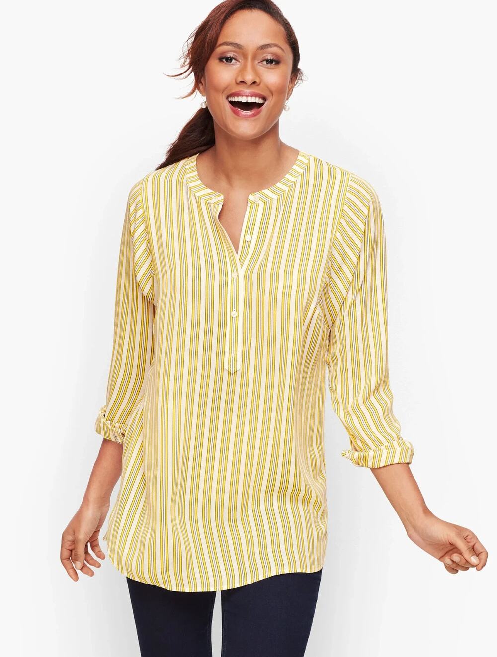 Talbots Yellow White Striped Popover Blouse S Lightweight Long Sleeve Tunic
